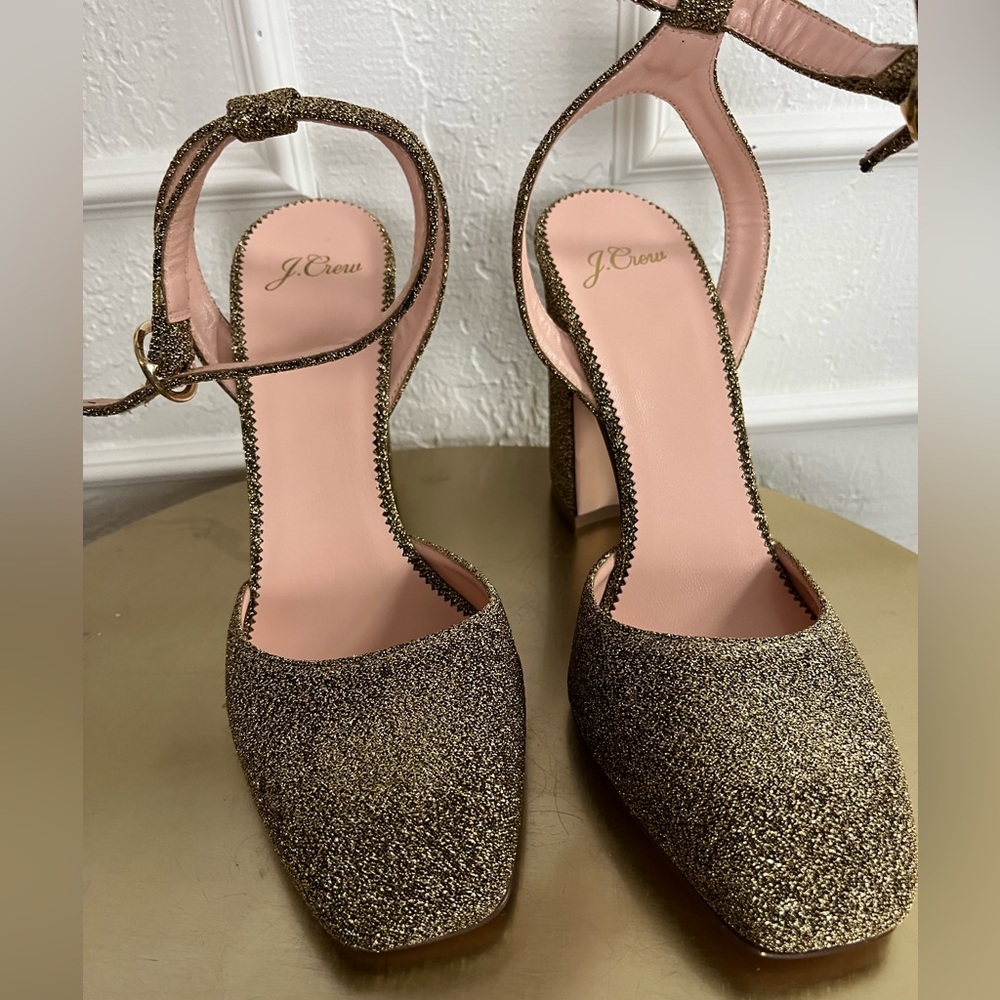 J. Crew Harlow Ankle Strap Gold Glitter Heels NWOB Made in Italy Leather Bottoms - Picture 7 of 8
